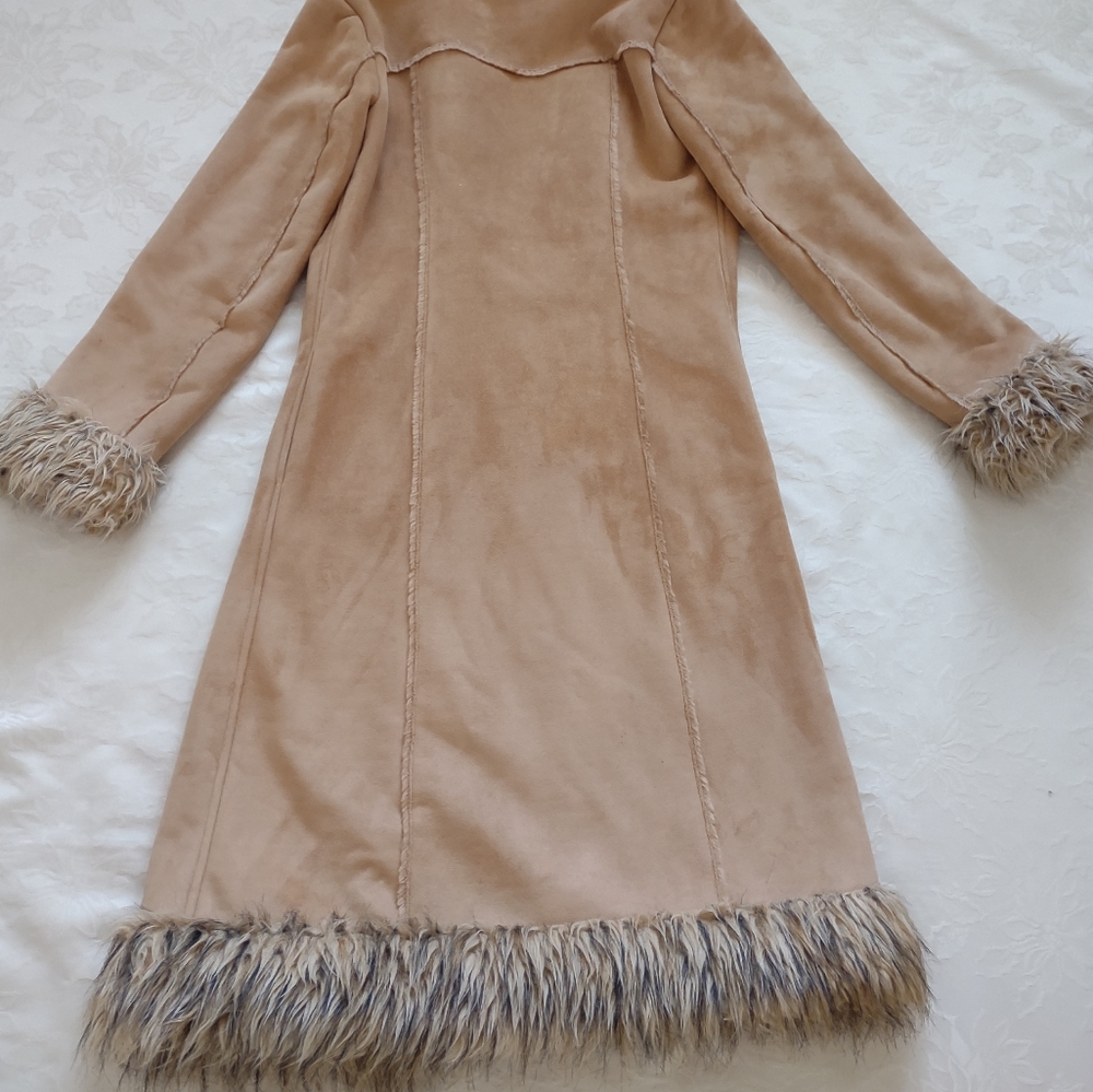 Penny Lane long coat faux fur trim faux shearling Faux Suede Hooded Vintage - Picture 8 of 13